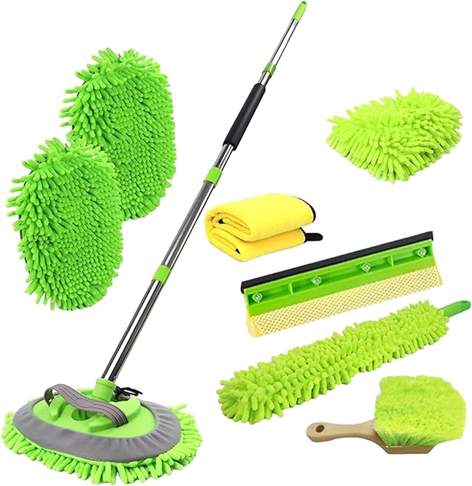 62'' Car Wash Brush Kit - Mitt, Mop, Sponge & Long Handle, Scratch-Free Chenille Replacement Head, Wheel Tire Brush, Car Detailing Kit for Cars, RV, Truck