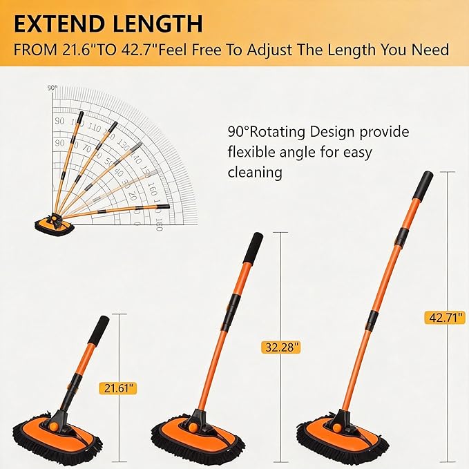 43'' Car Wash Brush with Long Handle Chenille Microfiber Car Wash Kit Mitt Retractable Bent Pole Car Wash Mop for Cars RV Truck Boat (Orange-1)
