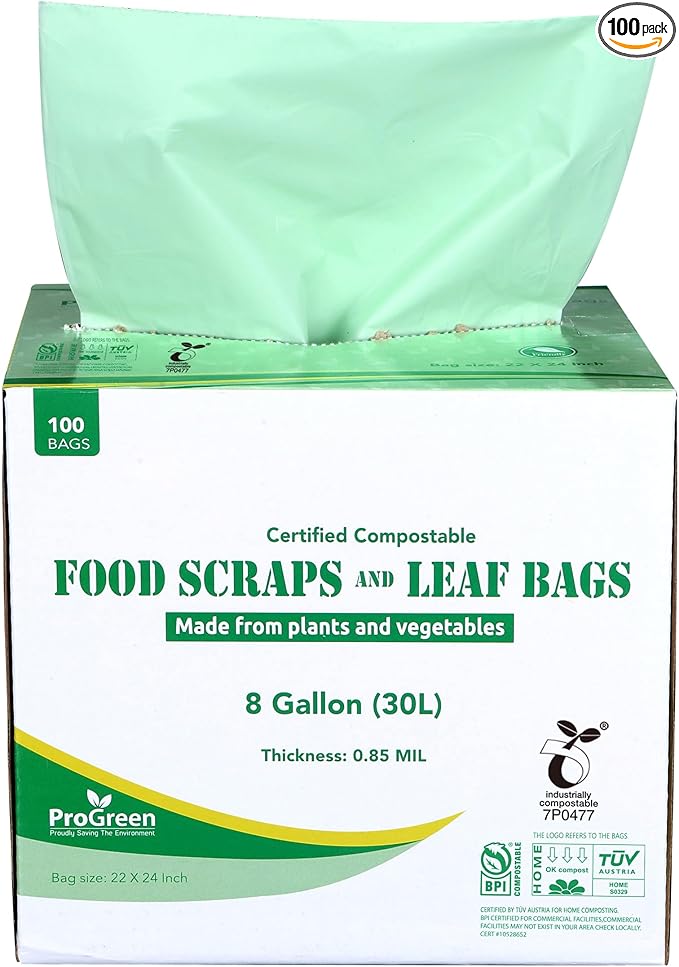 Compostable Trash Bags, Extra Thick, Compost Kitchen Bin Bags, Food Scraps Yard Waste Bags, ASTM D6400 BPI and TÜV AUSTRIA Certified (8 Gallon, Pack of 100)