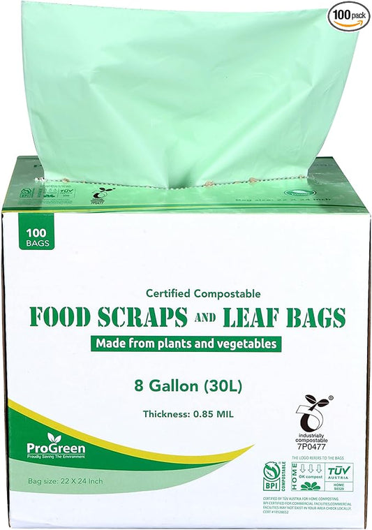 Compostable Trash Bags, Extra Thick, Compost Kitchen Bin Bags, Food Scraps Yard Waste Bags, ASTM D6400 BPI and TÜV AUSTRIA Certified (8 Gallon, Pack of 100)