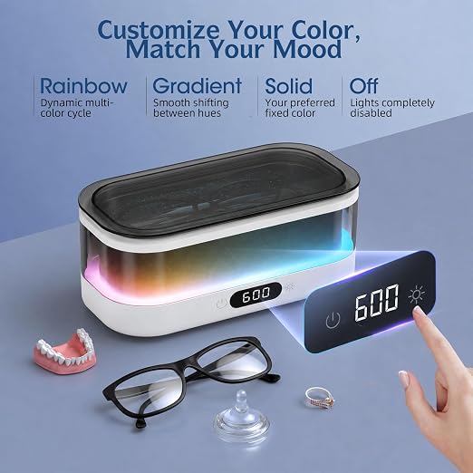 Ultrasonic Jewelry Cleaner 48KHz with RGB Lights for Eyeglasses, Rings, Watches, Dentures, 350ML 304 Stainless Steel Tank, Dual Modes Professional Sonic Cleaner Gift for Wife,Mom,Daughter