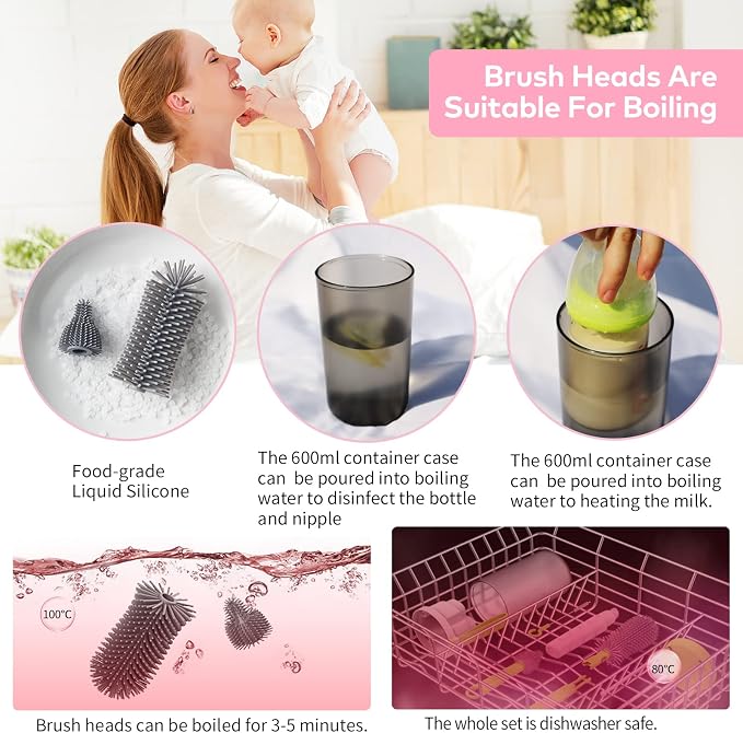 Baby Bottle Brush Set with Drying Rack, Soap Dispenser, and Case, Pink
