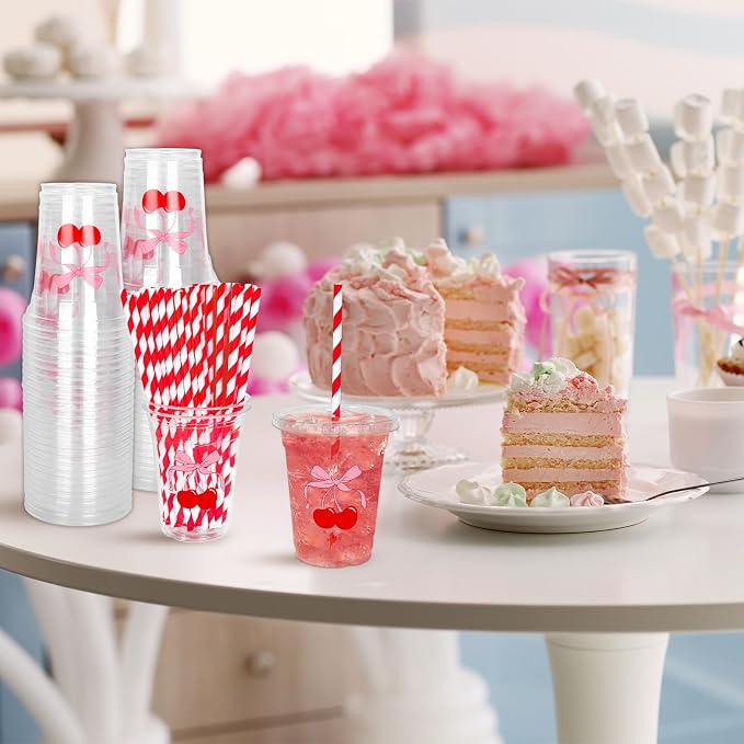Whaline 50Pcs Cherry Bow Disposable Plastic Cups with Lids and Straws 12Oz Red Pink Cherry Bowknot Cold Beverage Drinking Cups for Wedding Birthday Baby Shower Party Supplies