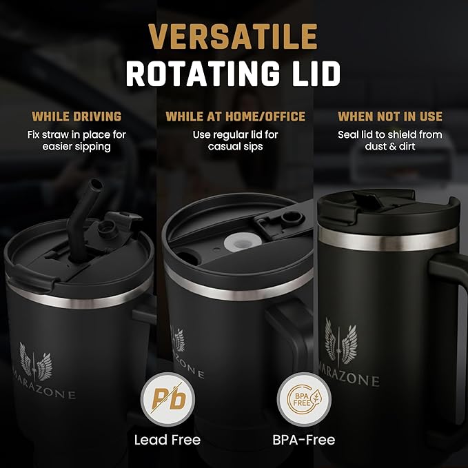 MARAZONE 40 oz Stainless Steel Tumbler with Handle, Lid and Removable Silicone Boot | Leakproof Travel Mug | Cupholder Compatible | Insulated Cup for Hot or Cold Drinks | BPA-Free - Midnight