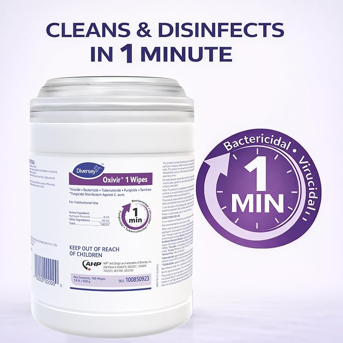 Oxivir Diversey 1 Disinfectant Wipes, AHP Hydrogen Peroxide Cleaner, Multi-Surface Cleaner for Home & Commercial Use, Small Wipes, 160 Count Canister, Case of 12