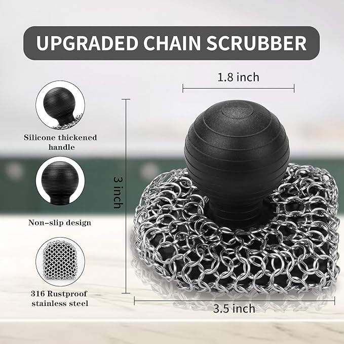 Cast Iron Scrubber Set with Steel Wool Scrubber Set, 316 Chainmail Scrubber, Upgraded Chain Mail Scrubber Sponge,Stainless Steel Scrubber with Handle(6 Pcs)