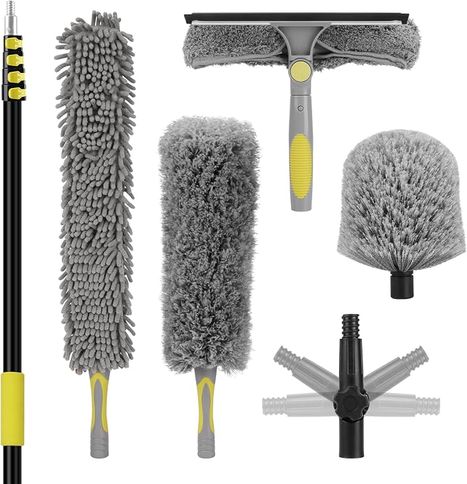 20FT High Ceiling Duster Kits with 3-12 Ft Extension Pole, Fan Blade Cleaner, Cobweb Duster, Window Squeegee Kit, Spider Web Brush for High Window, Interior Roof