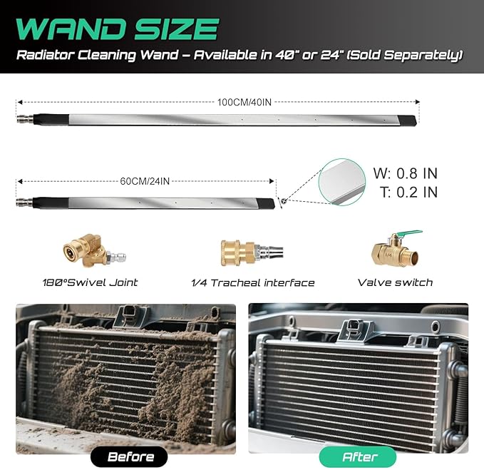 39 Inch Radiator Cleaning Wand, 4500 PSI Stainless Steel Radiator Cleaner Wand with Quick Connector, Dual Water & Air Blow Gun Adapter for Trucks, RVs, Heavy Equipment Pressure Washer