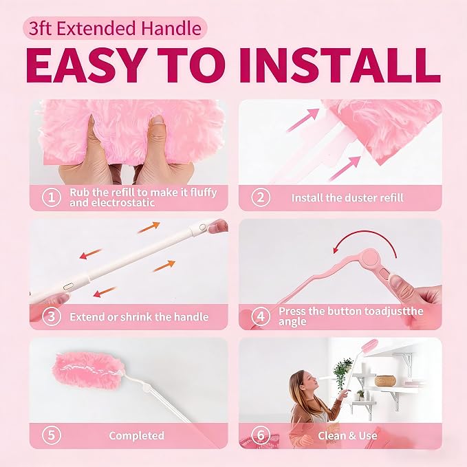 Pink Duster Refill for Swiffer Duster, 50 Count Disposable Dusters Kit for Cleaning Dusting Furniture Blind Ceiling Fan, Multi Surface 360 Feather Duster + 3FT Extended Handle + 1 Handle