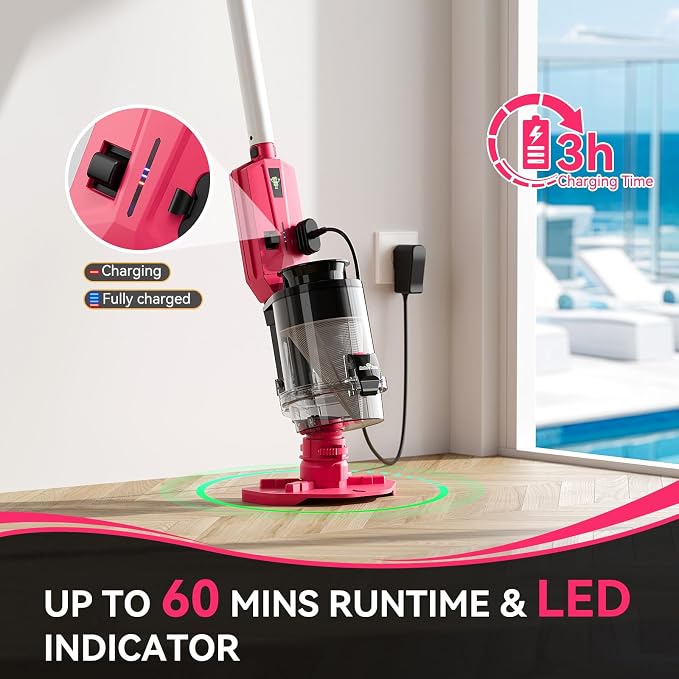 Cordless Pool Vacuum with Telescopic Pole, Powerful 30 GPM Suction, Advanced Dual Filtration, Replaceable Battery, 1H Runtime, Handheld Pool Cleaner for Above Ground and Inground Pools, Pink