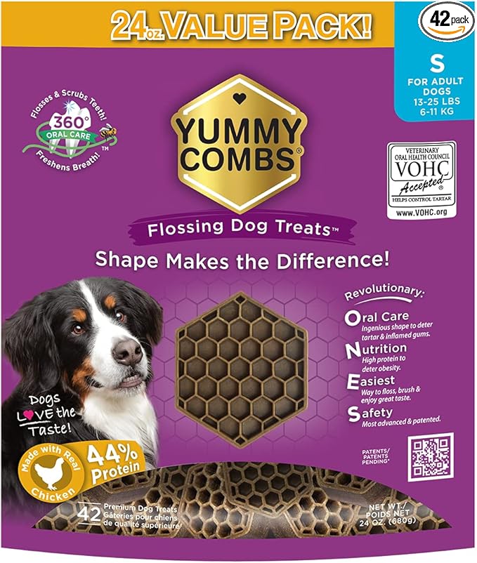 Yummy Combs Dog Dental Treats – Vet VOHC Approved – Delicious Chicken Protein – Removes Tartar with Cleaning Comb Shape – Dental Dog Treats for Small Dogs (24oz, 42 Count)