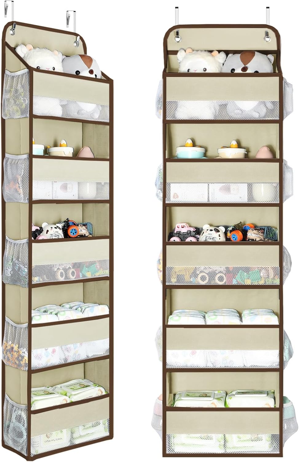Yecaye 2 Pc Over the Door Organizer with 5 Bins 10 Side Pockets, 44lbs Load Hanging Bathroom and Bedroom Organizer, behind the Door Hanging Organizers for Nursery Newborn Baby Essential Stuff Beige