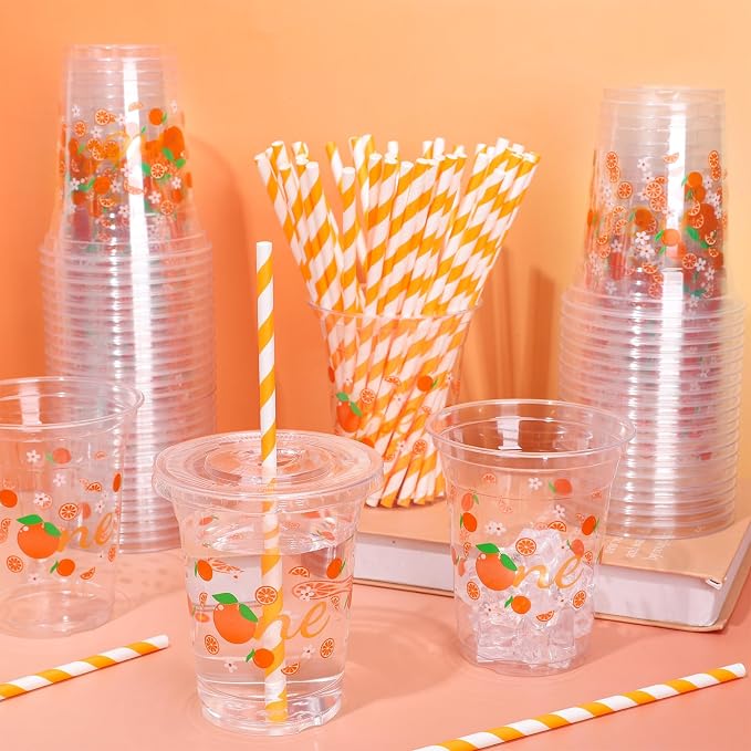 Whaline 50Pcs Little Cutie Disposable Plastic Cups with Lids and Straws 12Oz Cute Orange Citrus Cold Beverage Drinking Cups for First Birthday Baby Shower Party Supplies