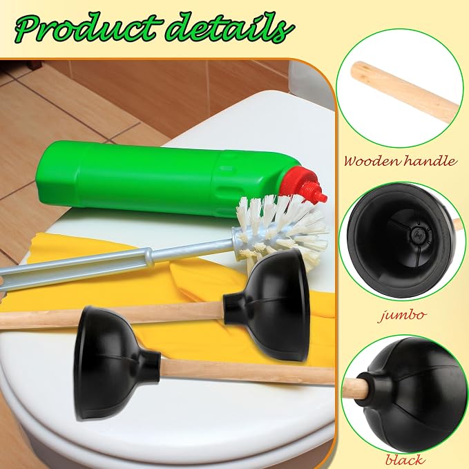 15 Pcs Toilet Plunger Bulk Double Thrust Rubber Force Suction Cup Long Wooden Handle Heavy Duty for Bathroom Commercial Stores Restaurants Toilet Bowl Pump Clogged