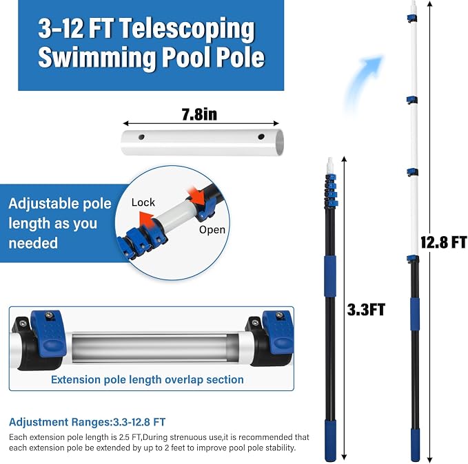 getlstub 12FT Telescopic Pool Pole, Heavy Duty Aluminum Extension Pole 3.3-12 FT for Above Ground & Inground Pools, Fits Skimmer, Net, Brush & Vacuum Heads