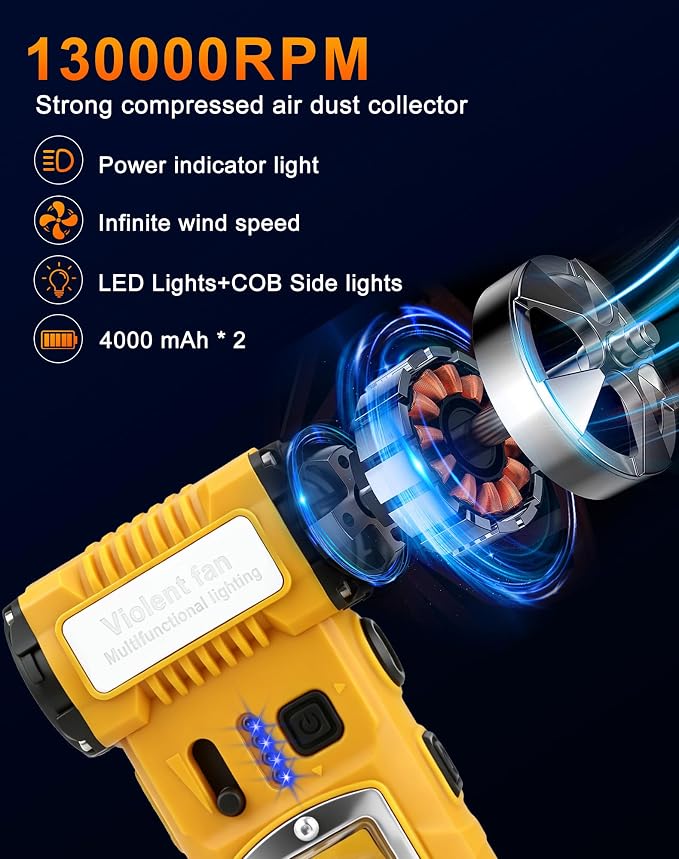 Compressed Air Duster, 130000RPM Electric Air Duster, 2-Gear Adjustable Mini Blower with Light, Rechargeable Electric Air Blower, Dust Blower for Keyboard, PC Vents, Car Interiors & Home Dusting