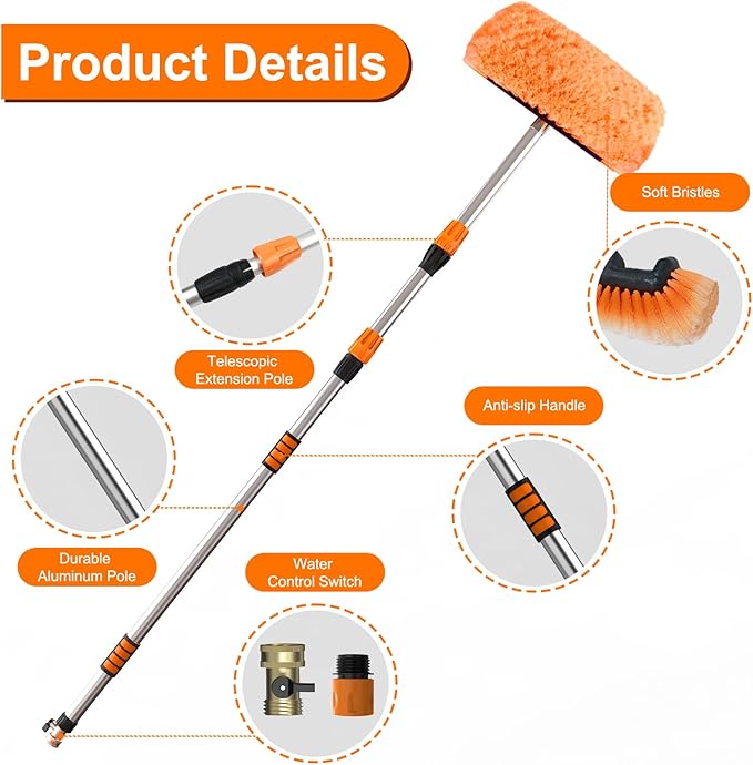 SISUPASSIE 12FT Car Wash Brush with Long Handle, 12-Inch Soft Bristle Car Cleaning Brush for Cleaning RV, Truck, Boat, Solar Panels, Orange