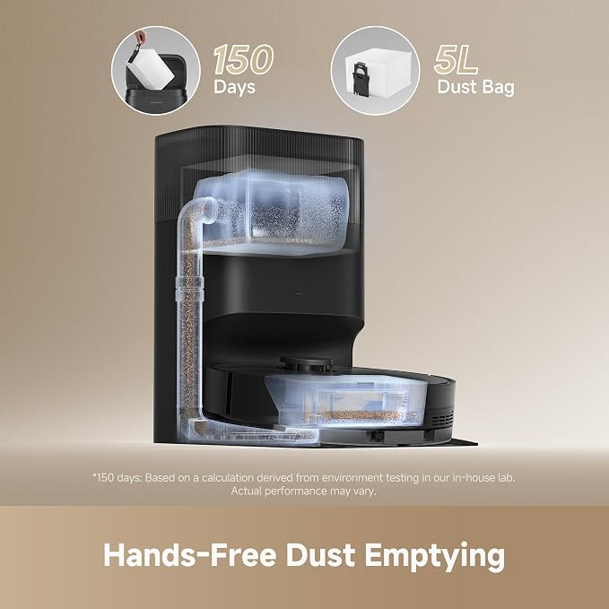 DREAME D20 Plus Robot Vacuum and Mop, 13,000Pa Suction, Self-Emptying with 5L Dust Bag, DuoBrush for Pet Hair, LDS Mapping, App & Voice Control, Ideal for Hard Floors & Carpets (Black)