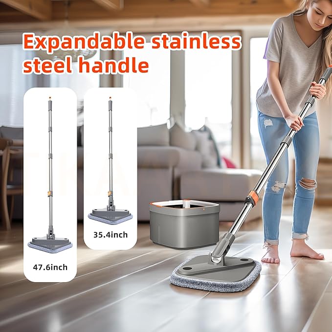 Spin Mop and Bucket Set with 10 Replaceable Microfiber Mop Pads with Self Separation Dirty and Clean Water System, Self Wringing 360° Rotating Square Mop Head for Hardwood Tile Marble Floors