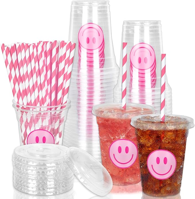 Whaline 50 Pcs Preppy Smile Face Cups with Lids and Straws 12oz Pink Happy Face Disposable Plastic Party Cups Happy Smile Cold Beverage Drinking Cup for Birthday Party Baby Shower Wedding