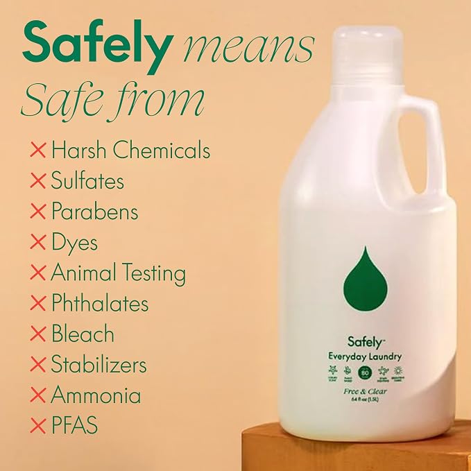Safely Everyday Laundry Detergent Liquid Soap,Free & Clear 1 Pack–Plant Powered,Highly Concentrated-Fight Stains & Wash Away Dirt, Impurities While Preserving Colors, Gentle On Skin, 64 fl oz
