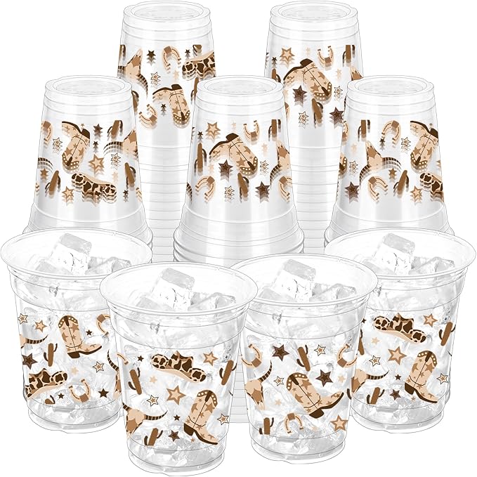 100 Pcs Brown Cowboy Plastic Cups, 16 oz Western Cowboy Disposable Clear Party Cups for Birthday, Baby Shower, Western Theme Parties, Last Rodeo Party Supplies