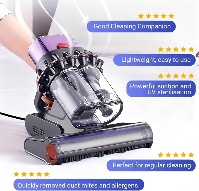 SakerPlus Powerful UV Bed Vacuum Cleaner, 14kPa Strong Suction Handheld Vacuum with 5-Cyclone System & Smart Sensor for Mattress, Carpet, and Home Deep Cleaning