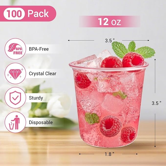 Soelomu 100 Pcs Pink Plastic Cups, 12 oz Disposable Stemless Wine Glasses Round Bottom Cocktail Party Cups for Wedding Birthday Meeting Gathering