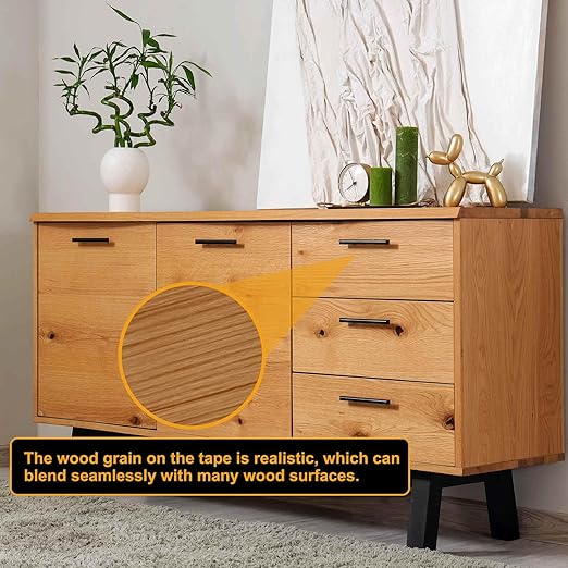 HARFINGTON Wood Grain Repair Tape 6 Inch x 33ft Self Adhesive Repair Patch Tape Simulated Wooden Floor Tapes with Plastic Scraper for Tables Doors Windows Furniture, Light Brown Wood