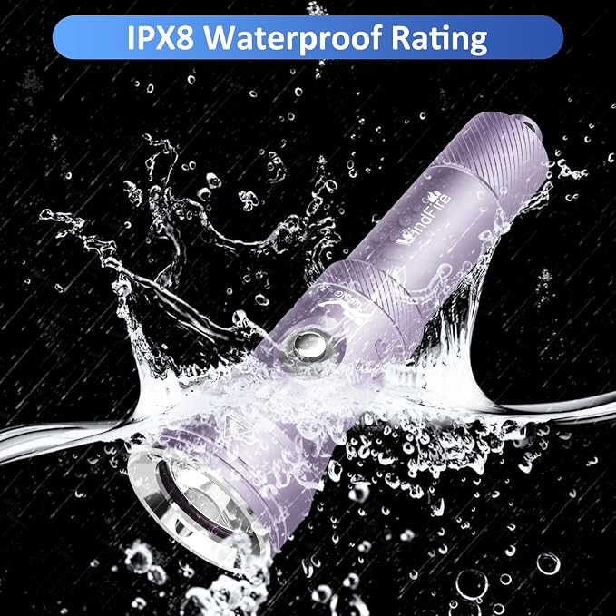 WINDFIRE Dive Light, High-Powered Rechargeable Scuba Flashlight with Power Indicator, IPX8 Waterproof, 12° Beam Angle, 4 Modes Snorkeling Diving & Underwater Exploration Torch (Purple)