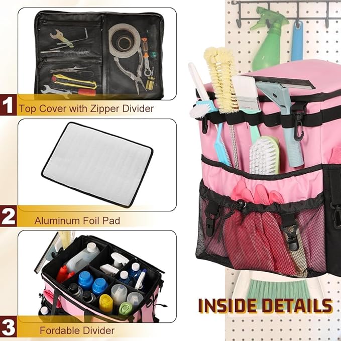 Rolling Cleaning Caddy, Cleaning Supplies Organizer with Cleaning Caddy Apron, Large Cleaning Caddy Bag with Detachable Trolley, Handles and Shoulder Strap for Cleaners Housekeepers, Pink