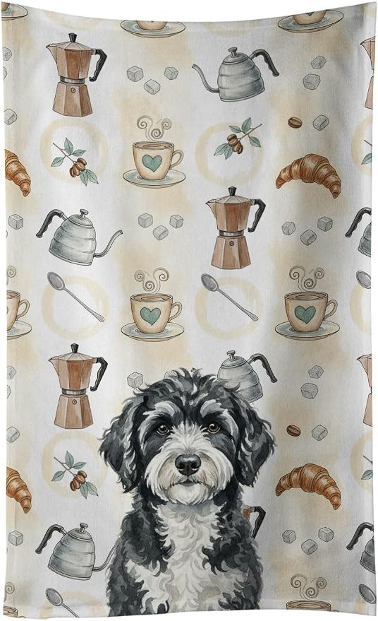 Caroline's Treasures Portuguese Water Dog Coffee Bar Kitchen Towel Velour Plush Front and Cotton Loop Back Machine Washable