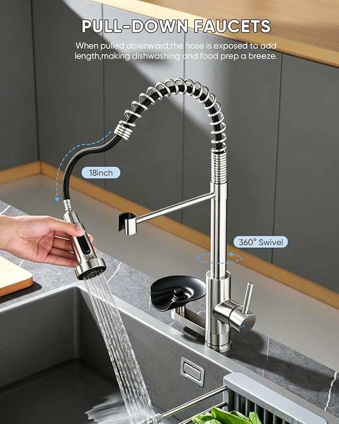 Kitchen Faucet with Cup Washer Pull Down Sprayer Stainless Steel Kitchen Sink Faucet with Deck Plate Glass Rinser Single Hole Brushed Nickel 866-3307SN