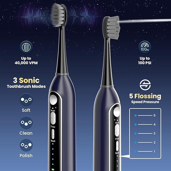 Electric Toothbrush with Water Flosser, Upgraded 2.0 Flossing Toothbrush with 5 Speeds & 3 Modes, 30 Days/Charge, for Teeth Cleaning and Plaque Removal, Sensitive Teeth & Dental Implants-Dark Blue