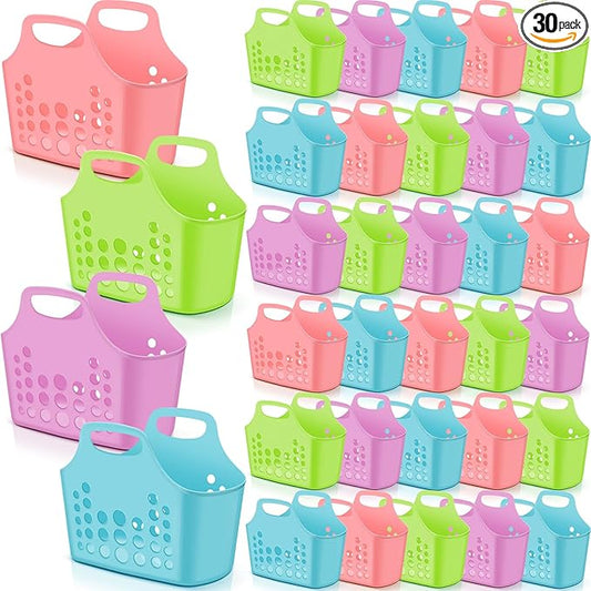 Nuogo 30 Pack Assorted Multicolor Basket with Handles Plastic Oval Carry Totes with Handles Caddy Multipurpose Organizer Reusable for Bathroom Dorm Communal Showers Kitchen School, 10.6" x 6" x 10"