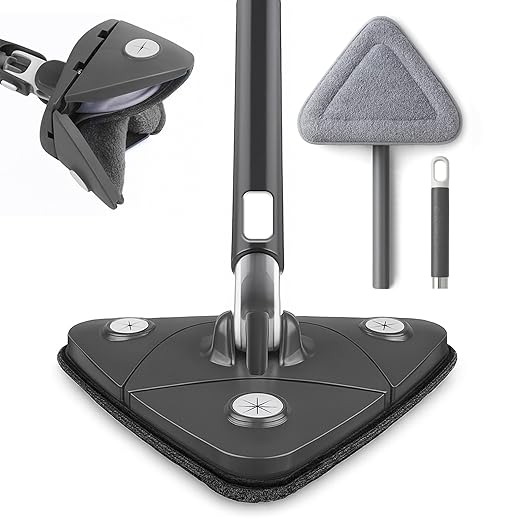 OVENTE Wall Cleaner Mop with 50" Adjustable Handle, Squeegee, Reusable and Easy to Clean Microfiber Pad, 360° Triangular Cleaning Tool Duster for Painted Walls/Baseboard/Window/Floor, Grey CTM311GY