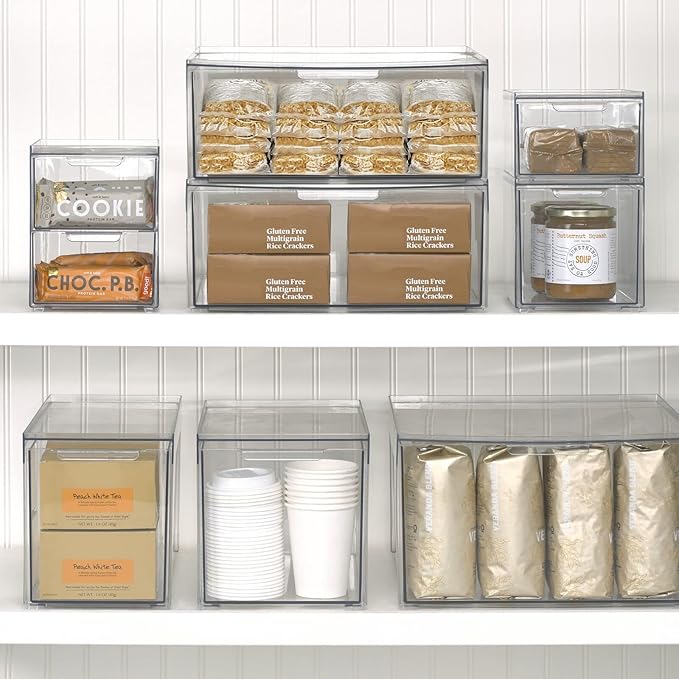 mDesign Kitchen Storage Drawer Box – Plastic Storage Box with Pull-Out Drawer – Pantry, Fridge and Cupboard Storage for Food and Snacks – Pack of 2 – Clear