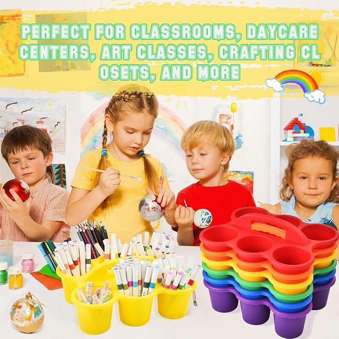 Haundry 6 Pack Classroom Caddy Storage Basket with Handle, Plastic Drink Cup Caddy Holder, 6 Compartments for Kids, Table, Office, Arts, Crafts, Crayon, Marker, Pencil, School Supplies