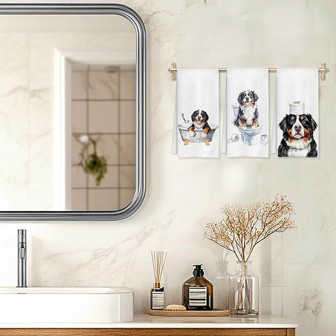Funny Bernese Mountain Dog Bathroom Hand Towels Set of 3, Bernese Mountain Dog Gifts, 16x24 Inch Cotton Kitchen Cloths