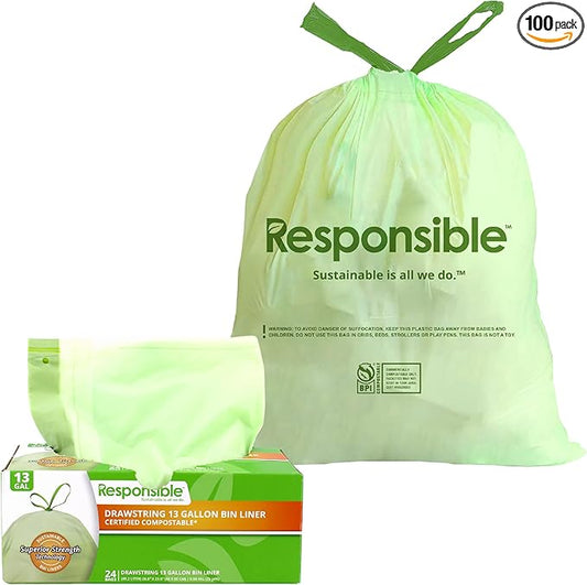 Responsible Products Kitchen Bin Liners, Certified Compostable, Heavy Duty Multipurpose Food Scrap Bags, Made from Compostable Materials (13 Gallon Drawstring, 13 Gallon (24 Count))