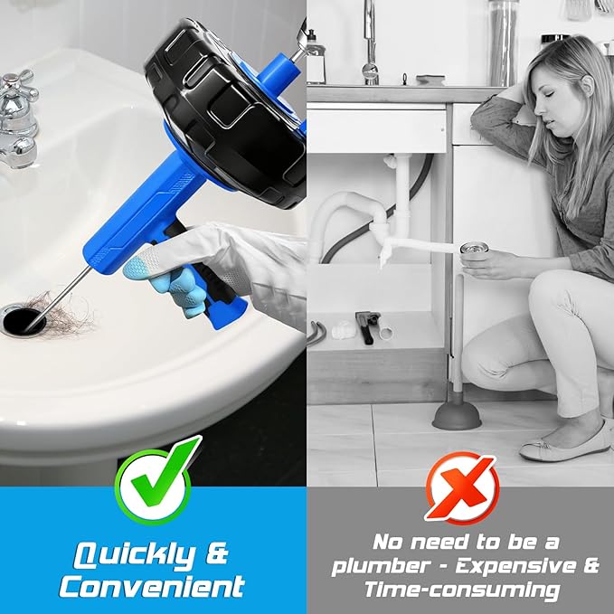 25FT Drain Snake, Auto Feed Retract Flexible Drain Auger for Drain Clogged, Manual or Drill Powered Plumbing Snake Hair Clog Remover for BathTub Sink Shower (Blue)