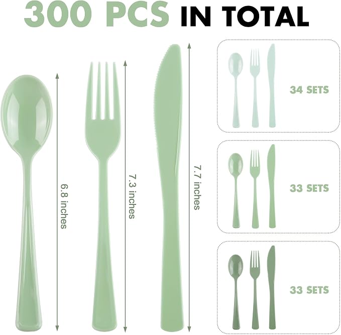 Kochorie 300 Pieces Graduation Sage Green Plastic Silverware Heavy Duty Plastic Cutlery Set Heavyweight Disposable Flatware Includes Spoons Forks Knives for Birthday Party Prom Night Wedding Dinner