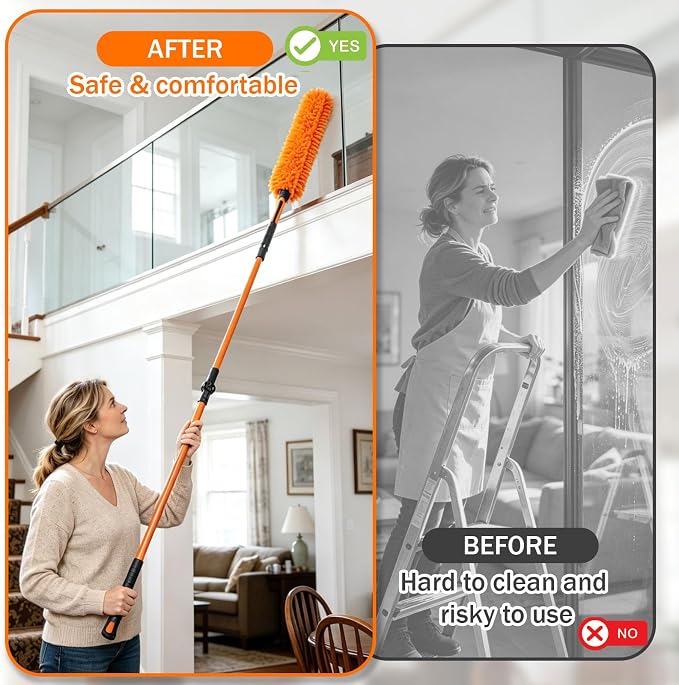High Ceiling Duster Replacement Heads for Cleaning Fits Standard Threaded Poles, Duster Attachment with Ceiling Fan Cleaner Cobweb Duster Window Squeegee Microfiber Feather Duster Head Swivel Joint