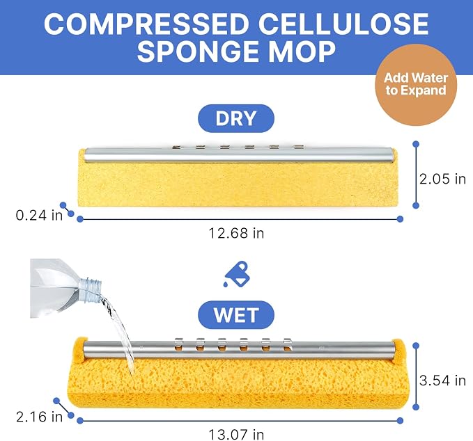 Mop Bucket on Wheels, Commercial Sponge Mop and Bucket Set for Floor Cleaning with 2 Compressed Cellulose Replacement Heads, Heavy Duty Industrial Mops for Hardwood Tile for Office Workshop Warehouse