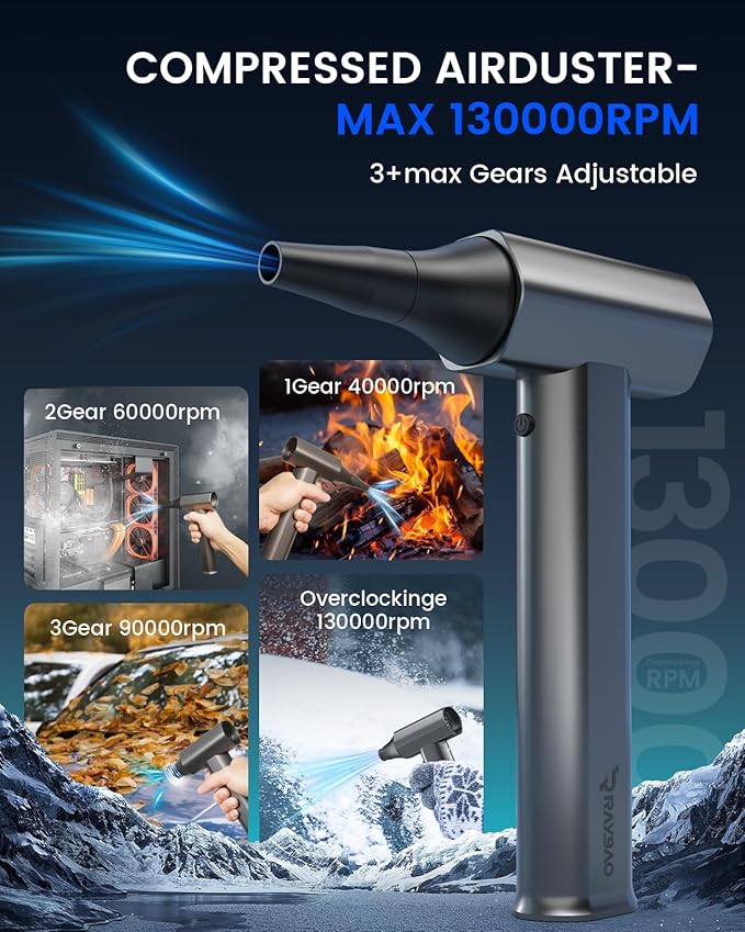 Compressed Air Duster 130000RPM High-Speed Electric Air Duster, 4-Gear Jet Dry Blower, Cordless Air Blower for Light Snow, Computer Keyboard, Car & Outdoor Cleaning