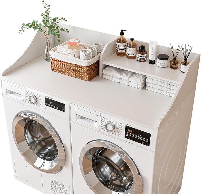 Memobarco 2 Tiers Washer Dryer Countertop, 54" Width x 27.5" Depth Laundry Countertop Organization, Wooden Washer and Dryer Topper for Folding, Sorting & Ironing, Easy to Install, White