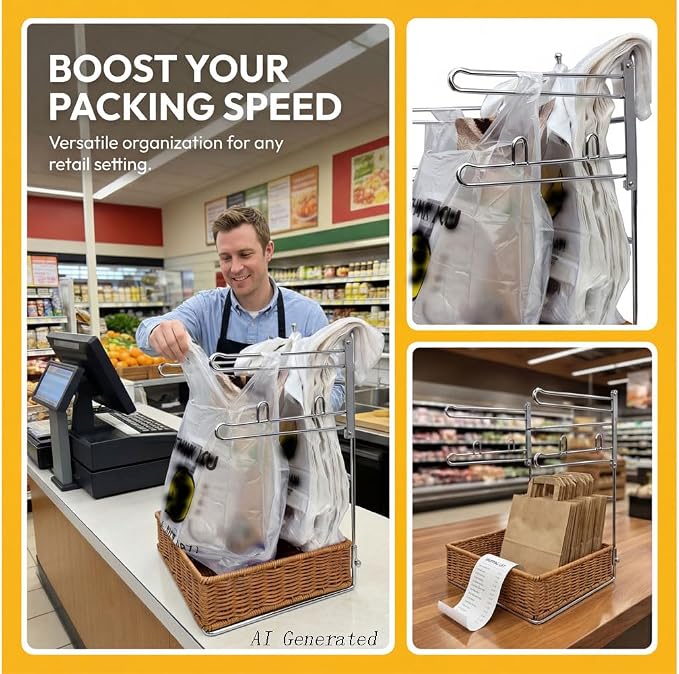 T-shirt shopping bag rack and dispenser, grocery store counter plastic bag rack with a nice wicker basket base, transforms cluttered shopping bags into a neat and easy-to-use storage solution