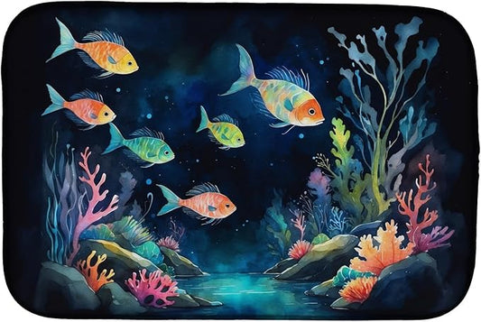 Caroline's Treasures Bioluminescent Fish Dish Drying Mat Absorbent Dish Drying Mat Pad for Kitchen Counter Dish Drainer Mat for Countertop, 14 x 21", Multicolor