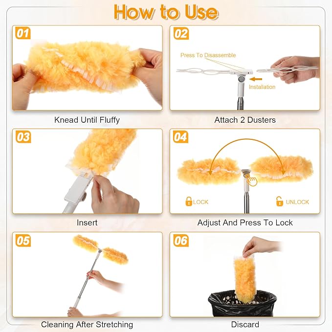 6 ft Extendable Duster Handle with 40 Refills and 1 Pair of Gloves Compatible with Swiffer Duster 360° Heavy Duty Microfiber Dusters Kit for Cleaning High Ceilings and Fans, Vents(Orange)