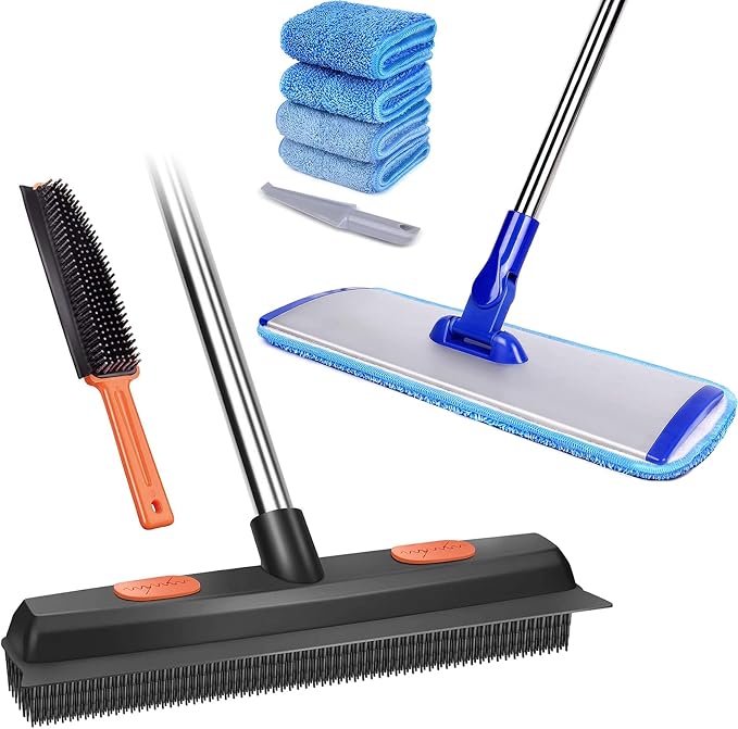 Conliwell Rubber Broom Carpet Rake for Pet Hair, Fur Remover Broom with Squeegee and 18" Professional Microfiber Mop Floor Cleaning System